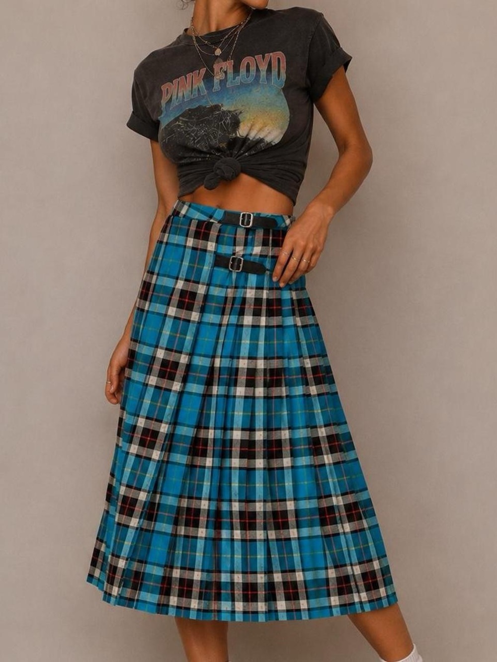 Blue Plaid Midi  Skirt with Buckle Detail